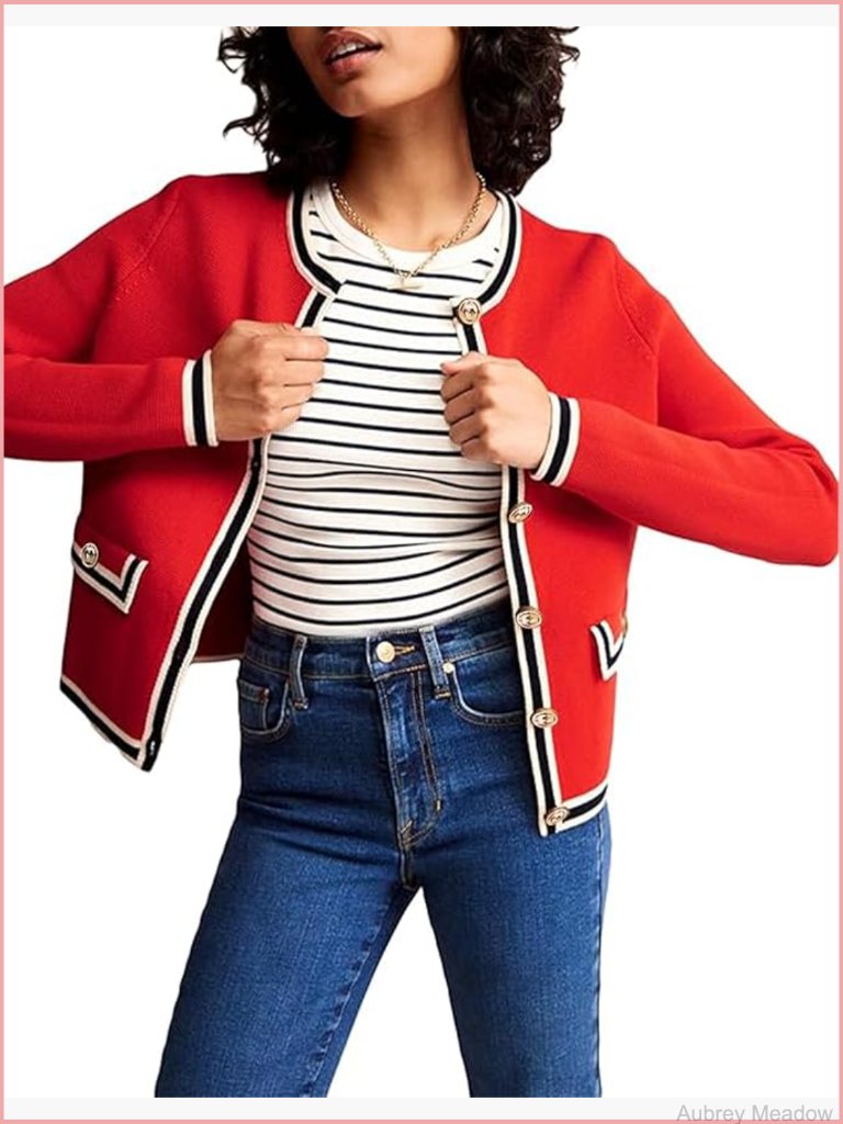 Women's Cardigan Sweater Open Front Color Block Button Down Knit Jacket Cropped